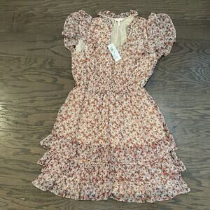 REBECCA TAYLOR Lucia Pink Metalic Gold Thread Floral Dress Size 2 NWT